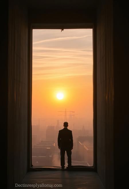A fleeting sunrise glimpsed from inside a stark, concrete dystopian building, where the viewer stands behind a narrow, cracked window. For just a second, the sun’s golden-orange rays pierce through the gloom, casting a warm glow across the cold, gray walls and rusted metal beams. Outside, a hazy, industrial skyline looms with jagged, crumbling structures under a sky streaked with faint pink and purple hues. The brief sunlight illuminates dust particles in the air, creating a momentary contrast between the harsh interior and the distant, fleeting beauty of the sunrise, before shadows reclaim the scene.