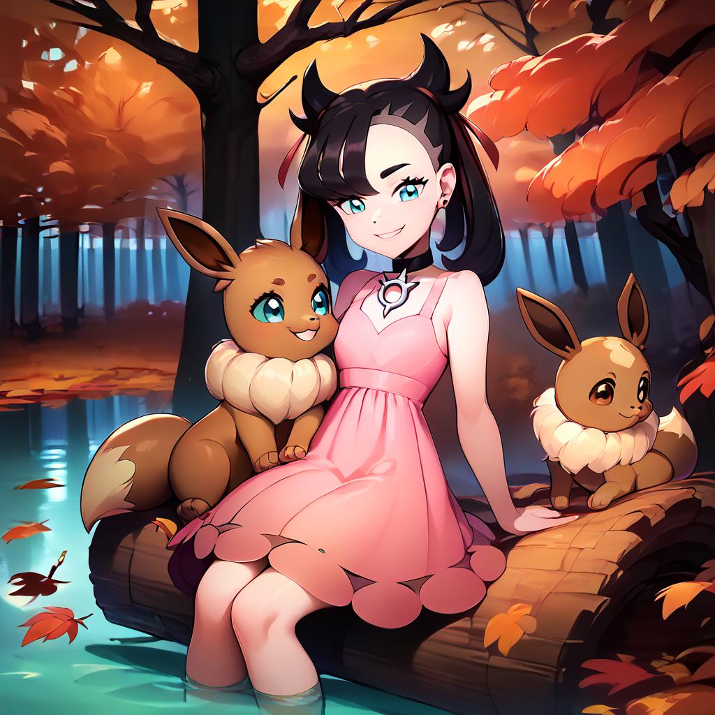 (score_9, score_8_up, score_7_up, masterpiece, best quality, highres, in forest, autumn leaves, trees, lake, girl (zzMarnie, aqua eyes, black choker, red ribbon, short pink dress, smiling, sitting on tree trunk), hugging eevee, eevee group, pokemon,  <lora:MarnieP3:1.0> <lora:StarterPokemon_PDXL:1.0>  <lora:princess_xl_v1:1> <lora:CitronAnimeTreasure:1>  <lora:incase-ilff-v3-4:0.65>