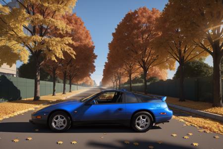 300ZX, blue,police car parked on a street covered with leaves in autumn in a (city:1.3), fall, global illumination, volumetric lighting, best quality, highly detailed, cgi, illustration, octane render,  <lora:300ZX:0.6>