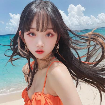 <lora:sayhello0o-v1-ditasn:0.9>, dita, detailed face, best quality, normal eyes, beautiful iris, highres,(RAW photo:1.2), (photorealistic:1.4),(masterpiece:1.4),1girl, long hair floating in wind, black hair, ((medium breasts:1.2)), half body, in Caribbean beach,