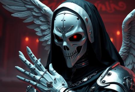 Create a dark, Holy-themed digital art piece inspired by Infernalvania, featuring a robot ghost wearing Billie Eilish's nun outfit and a Holy-themed silver armor, set against a Philippines-inspired background with white satin gloves and a robot ghost mask. Incorporate elements reminiscent of Alucard and angels protecting a praying man. The piece should evoke a sense of epic horror with a moody face, evil eyes, and realistic robot features. Reference the styles of artists such as Artgerm, J. J. Insider, Charlie Bowater, Peter Mohrbacher, Andrei Riabovitchev, Marc Simonetti, and Yoshitaka Amano. Ensure the artwork has a Warhammer 4.0k viral aesthetic and is suitable for a TikTok post. Include white face makeup and an 8-hour time frame for completion. Grading criteria include creativity, technique, and overall impact.