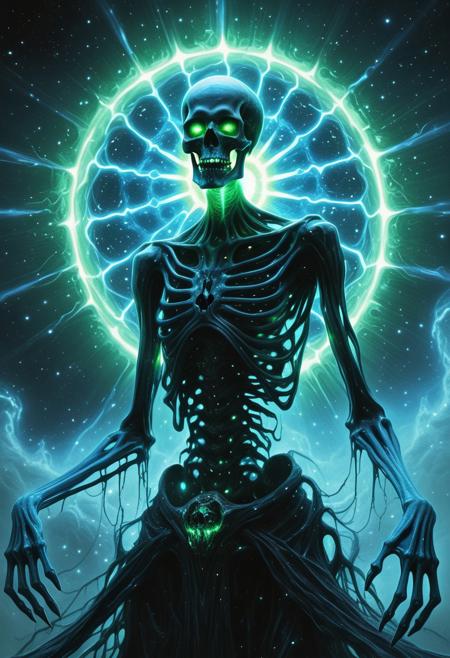 A galaxy consuming nether lich emperor is an immense, ethereal being shrouded in swirling dark energies reminiscent of a black hole. Its form is vaguely humanoid but vastly distorted, with elongated limbs ending in glowing, skeletal hands. Its face is a skull-like visage, with piercing eyes that emit a cold, blue-green light. The emperor is surrounded by a corona of nebulous, nether-infused substance that devours stars and planets, leaving trails of cosmic decay in its wake. A network of vein-like conduits pulses with malevolent power across its shadowy body, hinting at a connection to the very fabric of the nether it controls. Its presence is a cosmic horror that instills dread and awe, as it feeds on the lifeblood of galaxies, growing stronger with every celestial system it consumes.