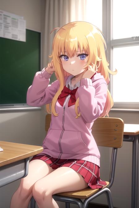 (extremely detailed CG unity 8k wallpaper), (masterpiece), (best quality), (ultra-detailed), (best illustration), (best shadow), (absurdres), 1girl, solo, <lora:gabriel:0.8>, gabriel white tenma, messy hair, ahoge, school uniform, red bow, plaid skirt, pink hoodie, classroom, looking at viewer, sitting, head rest