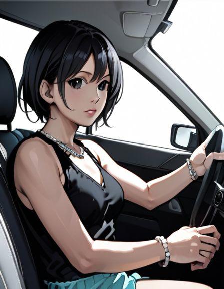 aoi tsukasa, 1girl, solo,  bracelet, jewelry, realistic, black short hair, black eyes, ultra pose
inside a car , (body shot)
(<lora:Aoi_Tsukasa:1> Aoi Tsukasa),
parted lips, (black room background:1),