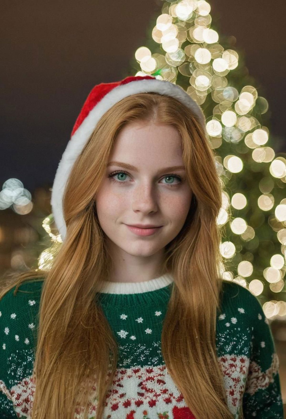 A young woman wearing a green sweater and a Santa hat.