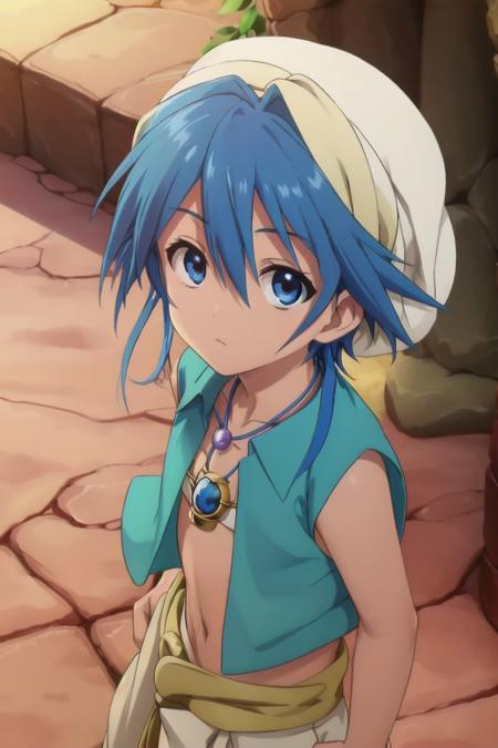 magi_aladdin blue hair turban flute blue vest one single braid