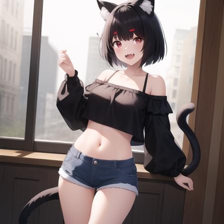 (masterpiece, best quality:1.2),illustration,8k,hd,absurdres,1girl,solo,cowboy shot,animal ears,black hair,red eyes,animal ear fluff,cat ears,short shorts,bell,navel,mismatched eyebrows,cat tail,denim shorts,black shirt,short hair,jingle bell,midriff,cat girl,sandals,long sleeves,fang,smile,off shoulder,looking at viewer,tail bell,tail ornament,flip-flops,bangs,collarbone,breasts,clothes writing,black footwear,open clothes,crop top,<lora:Yamashiro(azur)>,