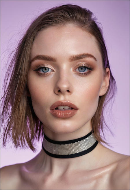 A professional (fashion photo photography:1.2),a  (studio portrait:1.2),showing (surrealistic style:1.1),(black purple gradient background:1.2),(exaggerated character movements:1.5),against glass,(masterpiece, best quality:1.4), perfect body,  long hair, brown hair, brown eyes, parted lips, , detailed skin,model photoshoot, long bob-cut hair, shiny oiled skin, pale skin,  pale white skin, shiny oiled skin, pale skin, realistic eye and face details), hyperrealism, very slim,  bright face, blue eyes, choker, make-up photography by (Ethel Warwick:1.3), modelshoot, pose, , (Ethel Warwick: 1,2) award winning photo macro shot  dramatic lighting,philosophical dimensions,NIKON Z9,35mm,f/1.2,RAW format,stark composition.,(muted tones:1.2),award winning photo,(dream-like quality:1.2),
