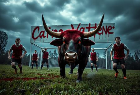A suspenseful and unsettling soccer field scene under a dark, stormy sky. The overgrown green grass is stained with patches of blood. In the foreground, a massive, menacing burgundy bull with glowing red eyes charges forward, its breath visible in the cold air. The soccer players, dressed in burgundy vests, look like they’re straight out of a Quentin Tarantino film—intense, gritty, and a bit unhinged. Their faces show a mix of fear and defiance, with blood splattered across their clothes and faces. The soccer goal in the background is twisted and broken, as if caught in a violent struggle. Looming above it all is a large sign with the words ‘Cairo Vattene,’ scrawled in dripping blood-red letters. The scene is bathed in moody, high-contrast lighting with deep shadows, capturing a sense of impending violence and chaos, reminiscent of a Tarantino movie’s iconic, edgy style