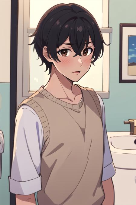 (best quality:1.1), (masterpiece:1.4), illustration, 1boy, solo, male focus, , upper body, , anime coloring, , <lora:ryuuto_kashima:0.74>, ryuuto_kashima, black hair, brown eyes, , bathroom,