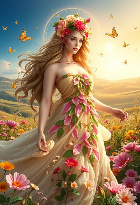 Masterpiece. An image of the goddess Flora, the Roman deity of flowers, spring, and renewal. She is depicted as a graceful figure with flowing hair adorned with a crown of vibrant blossoms. Her attire is a flowing, ethereal dress made of petals in shades of pink, green, and gold, symbolizing the abundance of nature. Surround her with a lush garden filled with colorful flowers in full bloom, delicate butterflies, and a soft golden light that enhances the scene's magical and serene atmosphere. The background should include rolling meadows and a clear blue sky. beautiful woman, inspiring, flower, high-res, semi realistic, best quality, intricate details, ultra details, good lighting, vibrant colors, very detailed, octane render, ray tracing