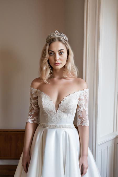 30yo beautiful woman, high quality, best quality, highres, high detail platinum blonde hair, (haute couture), wedding ballgown, white dress, short sleeves, standing, cleavage, tiara, (cathedral, ornate), ((rim lighting)) (shadows)  hand on hip,, ((30yo curvy woman)). RAW, UHD, 8K, perfect hands