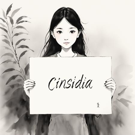 <lora:C_Freehand_Brushwork-000010:1>One girl held a blank piece of paper with Cinsdia written on it