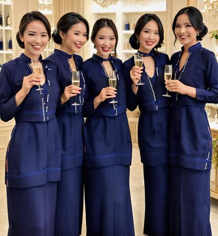 a group of women drinking champagne at an expensive boutique bridal store, ages early 20's,various races, smiling shyly, shy, beautiful vista, rococo collar choker, tied up hair, pale skin, natural breasts from small to large,classy, bokeh, sharp focus on subject, full body, Navy Blue Kebaya Rokiah clothing, ornate and intricate <lora:Navy Blue Kebaya Rokiah_clothing-000007:1>