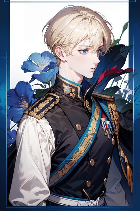 (absurdres, highres, ultra detailed), 1 male, adult, handsome, tall muscular guy, broad shoulders, finely detailed eyes, Fantasy, royal, nobleman, Admiral, short hair, blonde hair, blue eyes, fleet commander, navy, commander, white uniform, (dutch angle), closed mouth, upper body