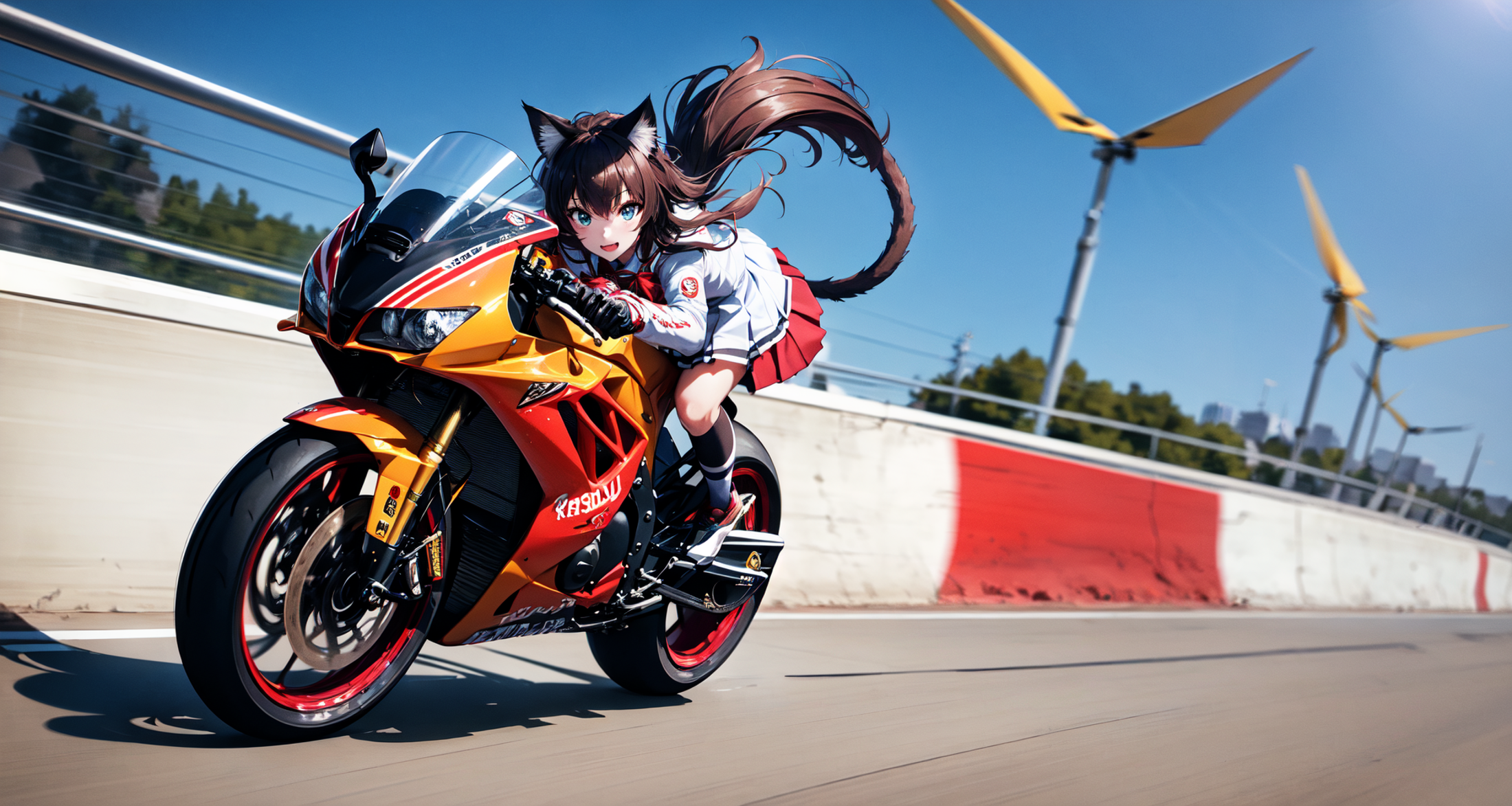 absurdres, highres, best quality, 1girl, motorcycle, (school uniform:1.3), motion lines, speed lines, racing, city, cat ea...