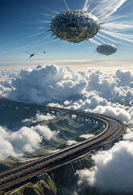 (landscape creator, landscape:1.5), a wanderer between worlds in flowing clothes, (epic landscape:1.5),  (style Historical drawing), (style Historical painting),best quality, masterpiece, extremely detailed,  professional  art,  professional painting, an extremely delicate and beautiful, dynamic,  great lighting, perfect shading, professional shading, depth of field,   side soft light, elegant, gorgeous, highly detailed,   full shot, uncropped,   pure genius, absolutely perfect,  highly detailed, breathtaking,(no humans:1.5), 
A city in the clouds. Train tracks in the sky connecting islands of clouds. Small flying machines. Geodesic domes and helix towers rise above the wispy clouds. 
<lora:psychedelic_trip:0.7> psychedelic trip,
<lora:EldritchRomanceIllustration1.3.1:0.5>,
<lora:- SDXL - vanta-black_contrast_V3.0:0.2>,
<lora:add-detail-xl:1>,
<lora:detailed_notrigger:1>,