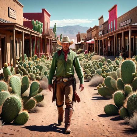 Cowboy walking through old western town tumble weed <lora:Prickly Pear Style v1:1>, Prickly Pear Style,