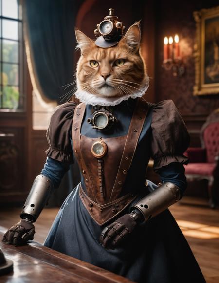 award winning steampunk-themed photograph, colored photography, rim lighting, volumetric, trending on art station, 8k resolution BREAK victorian-style robotic maid cleaning in a luxurious mansion, BREAK large cat glaring in the background