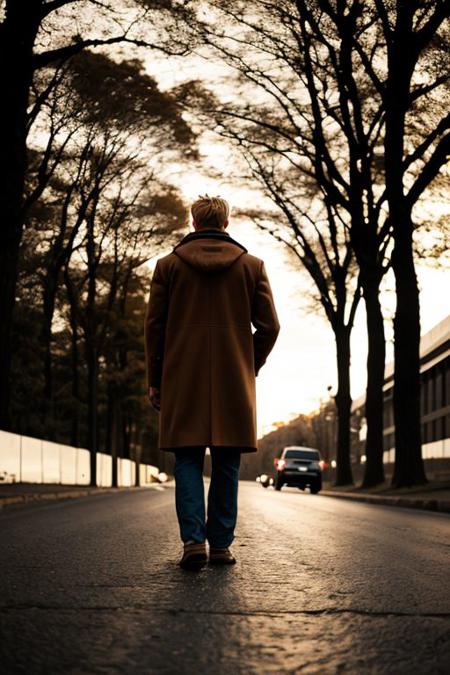 luis, blond boy, 25 years old, wearing a brown coat, walking in the middle of a lane, with his back turned, with a truck behind him with dark trees, night sky, wide angle, high contrast realism, --ar 3:2