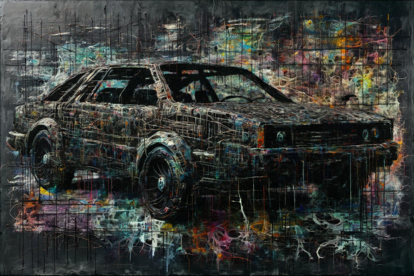 Artistic Painting of a Car in a Garage with Abstract Designs and Colors
