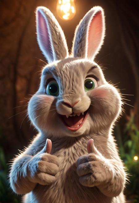 Closeup, thumb-up, Envision a whimsical fantasy world where a colossal cute and fluffy rabbit takes center stage. Picture the carnivores with a mischievous charm, its translucent eyes reflecting a soft glow. Thumb Up Pose, very detailed, HD, RAW photograph, masterpiece, top quality, the best quality, official art, highest detailed, atmospheric lighting, cinematic composition,