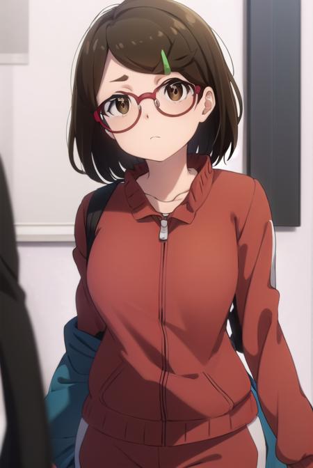 risaaoi, <lora:risa aoi s1-lora-nochekaiser:1>,
risa aoi, short hair, brown hair, hair ornament, (brown eyes:1.5), glasses, hairclip, red-framed eyewear,
BREAK jacket, pants, track jacket, track suit, haori,
BREAK indoors,
BREAK looking at viewer, (cowboy shot:1.5),
BREAK <lyco:GoodHands-beta2:1>, (masterpiece:1.2), best quality, high resolution, unity 8k wallpaper, (illustration:0.8), (beautiful detailed eyes:1.6), extremely detailed face, perfect lighting, extremely detailed CG, (perfect hands, perfect anatomy),