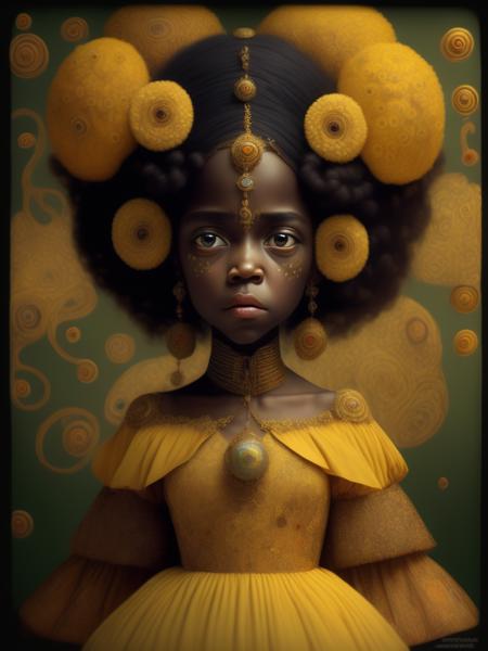 <lora:JamesC.Christensen:1>photo, mark ryden,black girl,in Gustav Klimt dress