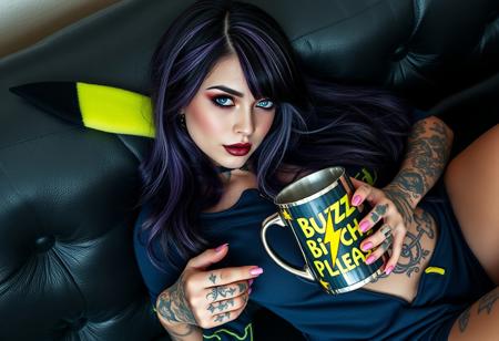 “A high-definition photo of a beautiful 20-year-old goth girl with long, dark purple hair featuring silver highlights, lying seductively on a black leather couch. She wears a dark blue and neon green Pikachu onesie with the zipper slightly open, revealing her curves. She has piercing blue eyes, enhanced by dark eyeliner and metallic plum lipstick, and her body is covered in numerous intricate tattoos across her arms, neck, and chest. She holds a large steel coffee mug with a yellow lightning bolt logo and the words ‘Buzz Bitch Please!’ in bold. 8k detail, full body.”