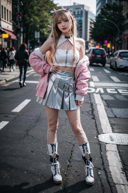 best quality, quality, masterpiece, photorealistic, 1girl, solo, full body, looking at viewer, standing, viper cosplay costume, cosplay, shiny skirt, jacket, white boots, hair ornament, fishnets pantyhose, clothing cutout, <lora:nikke_viper_cosplay_costume_v1:0.65>