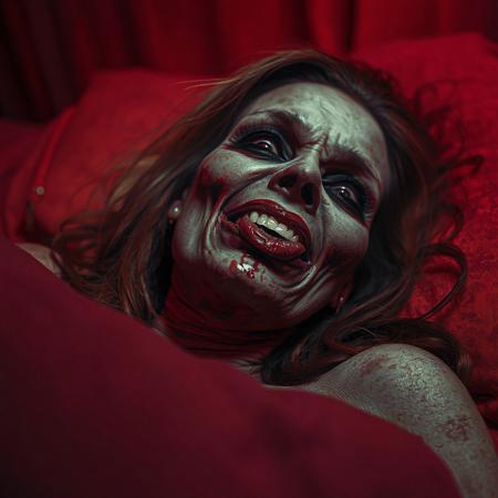 Album cover of realistic Dark art close up movie still of a undead zombie woman from the 70s-style pulp paintings lying in bed in a eerie red hotel room licking her lips with a flirty look on her face, The vibe is red and otherworldy. The zombie womans sore rotting face is looking happy. Duotone: Burnt orange and deep plum. Mood: Occult ritual meets 80's concert poster art style, movie still, gore, sexy, flirty, amorous, beautiful, evil dead
