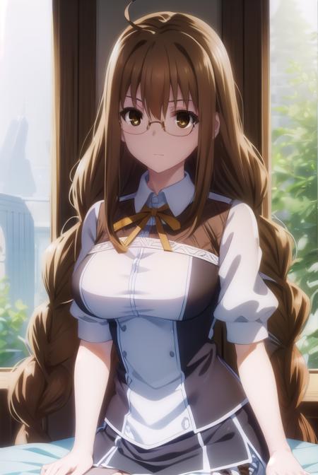 toukatoudou, <lora:touka toudou s1-lora-nochekaiser:1>,
touka toudou, long hair, brown hair, very long hair, braid, twin braids, glasses, (brown eyes:1.5), ahoge,
BREAK skirt, long sleeves, school uniform, juliet sleeves,
BREAK indoors, classroom,
BREAK looking at viewer, (cowboy shot:1.5),
BREAK <lyco:GoodHands-beta2:1>, (masterpiece:1.2), best quality, high resolution, unity 8k wallpaper, (illustration:0.8), (beautiful detailed eyes:1.6), extremely detailed face, perfect lighting, extremely detailed CG, (perfect hands, perfect anatomy),