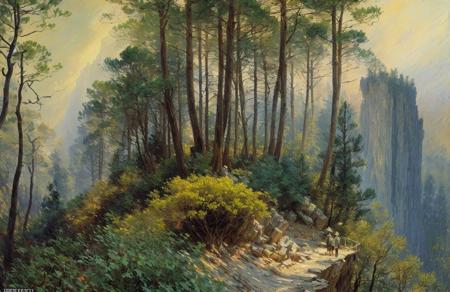 (impressionism:1.1), Cliff/Bluff, pine forest, (john berkey:1.1), a painting,scene painting,scenery,