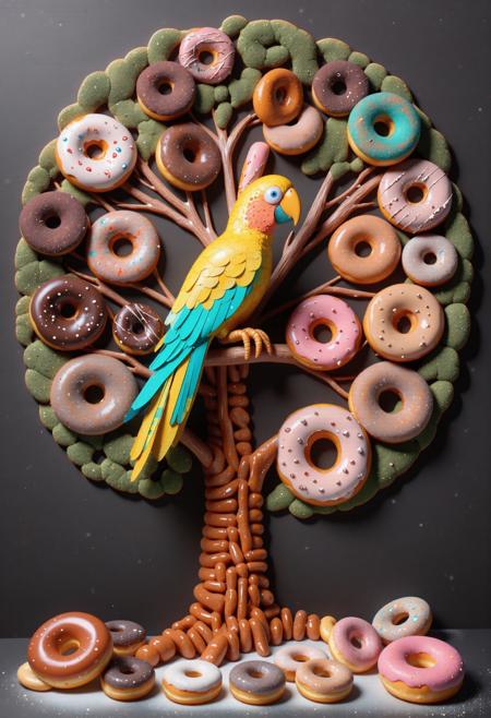 (stylized by Paul Verhoeven:1.2) and (Jean Renoir:0.8) and (Modern Disney:0.8) , beautiful On pale black paper, imposing, concept art, landscape of a Talented Honest (d0nu71f13d,made of doughnuts,score_9, score_8_up, score_7_up, score_6_up, a parrot on the tree, made entirely of donuts:1.3) from inside of a House, White lake with Pinecone, Hurricane, Sketched, Fairy-Tale, Remodernism, Ambient lighting, perspective, complementary colors, Iridescent palette, glitter texture, Well-visualised, most beautiful artwork in the world