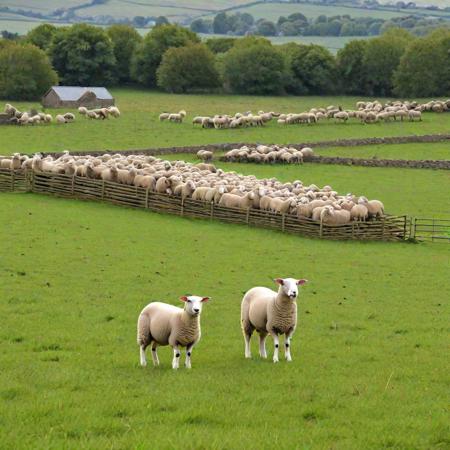sheep on the sheep in a large field with the sheepfold in the background