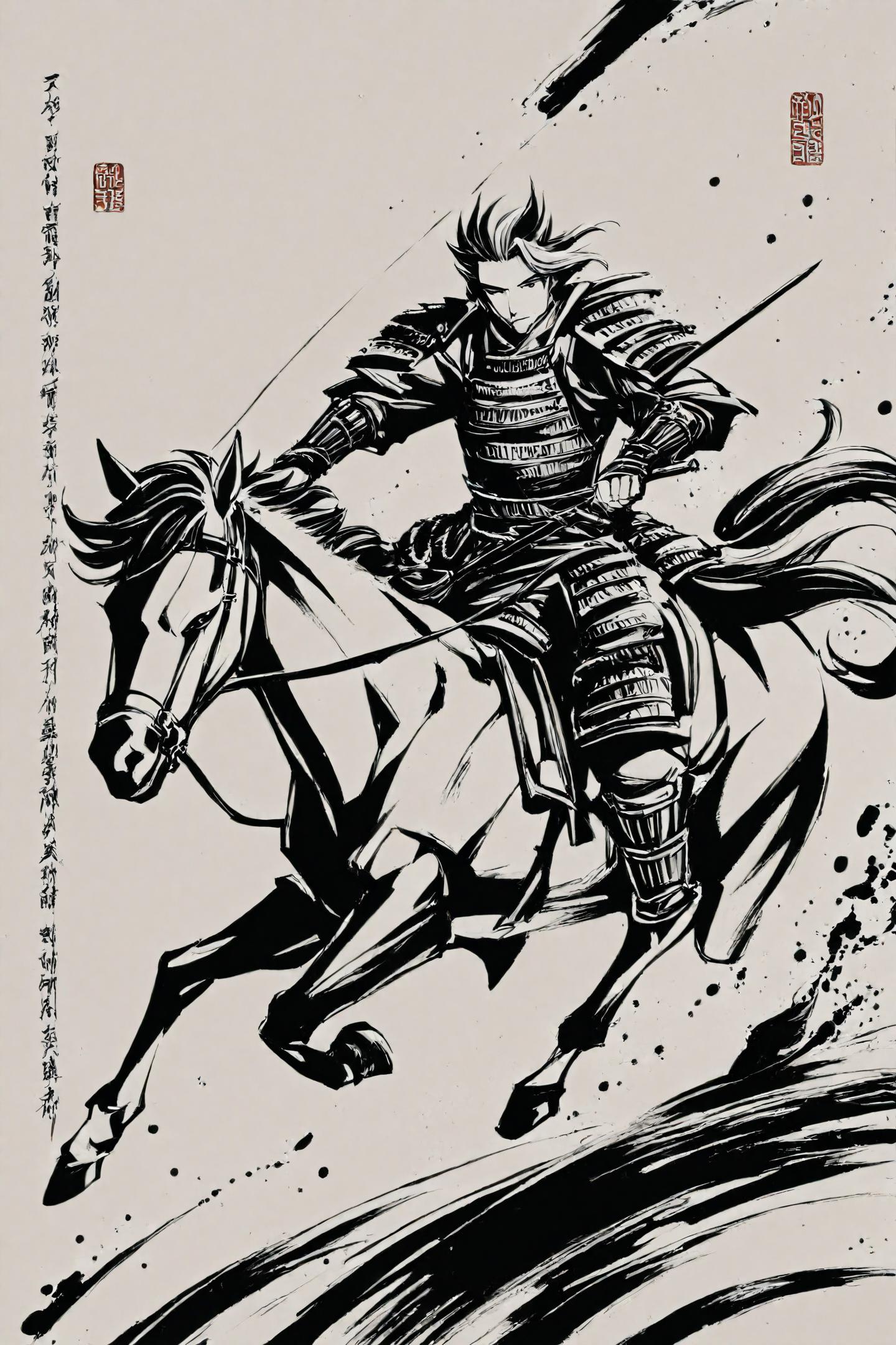 ink \(medium\),monochrome,weapon,japanese armor,greyscale,sword,1boy,male focus,riding,chinese text,armor,holding,horse,traditional media,horseback riding,holding weapon,
<lora:okazu_illustriousXL:1>,