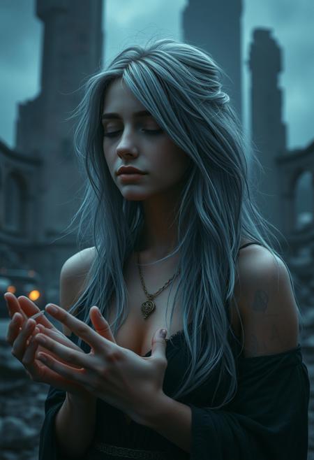 A beautiful young woman with silver hair tinged with blue, praying in a ruined dark city