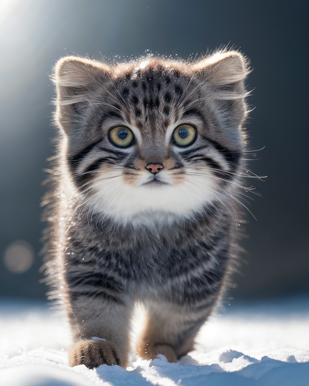 cut tusuncub walking in the snow, blurry, looking at viewer, depth of field, blurry background, full body, solo, (cute and...