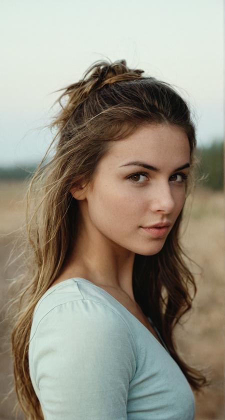 Hyperrealistic art cinematic film still balayage hair, 22 years old Polish girl, dark brown eyes, bending forward towards viewer, fine art editorial photography, tight long sleeve top, perfect eyes, cold dawn, pale pastel colors, washed colors,