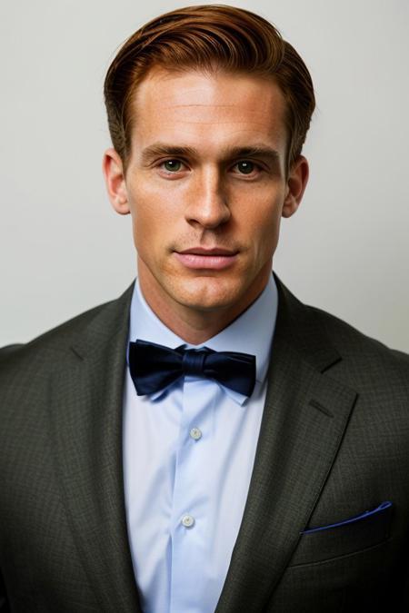 professional full body photo, photo of caucasian man in his 40's, Tall and imposing, broad shoulders, powerful physique, hints of age on face, sharp face, angular face, hawkish nose, high cheekbones, green eyes, bright red hair, ivy league haircut, impeccably dressed, bespoke suits. clean shaven. freckles
