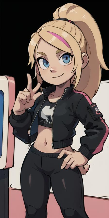 1girl,  <lora:TFMToonWorld:1>  on an arcade with a quarter in her hand, smiling, black leggings, bomber jacket, GameGirl blonde ponytail with pink streak highlights, <lora:GameGirl:0.4>