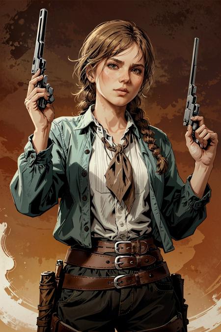 SadieRDR, weapon, 1girl, solo, gun, holding, braid, belt, handgun, shirt, holding weapon, holding gun, revolver, long hair, single braid, brown hair, dual wielding, looking at viewer, brown belt, sky, red background, upper body, red sky
<lora:epi_noiseoffset2:1>,   <lora:SadieRDR:0.7>