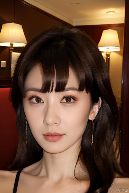 PHOTOREALISTIC REALISTIC, masterpiece, best quality, highres, ultra detailed, 8k, 1woman, hotel room, looking at viewer, strobe light, make up,  jiajingwen,<lora:EMS-267424-EMS:0.600000>