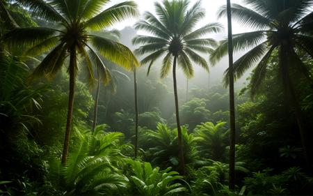 ,A misty early morning at Vallée de Mai Nature Reserve, Praslin, featuring towering palm trees surrounded by lush greenery and soft fog. Sunlight filters through the dense canopy, illuminating the tranquil paths and creating an enchanting atmosphere in this UNESCO World Heritage site,, sweeping landscapes, unique perspectives, epic scale, revealing hidden beauty, showcasing vastness, immersive experience, precise compositions, expert piloting, dynamic angles, cinematic storytelling, showcasing natural wonders, aerial exploration