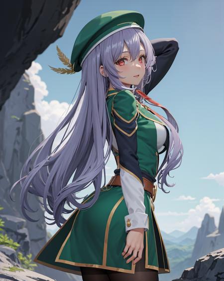 best quality, (masterpiece:1.2), illustration, absurdres,
(1girl, solo), (beautiful detailed girl),
<lora:Aeolia-07:0.7>, Aeolia, lilac hair, long hair, red eyes, medium breasts,
 green hat, hat with feather ornament, green dress, green coat, 
green outfit, black_pantyhose, white shirt, brown shorts, fleece lined boots, brown boots,
(inside a mysterious mystical cave with colorful plants),  (fantasy:1.2), (floating dust particles) (stalagmites and rock formations), sky and clouds visible from hole in roof, godrays, raytracing,
arms behind head,
from behind,,
looking at viewer, happy