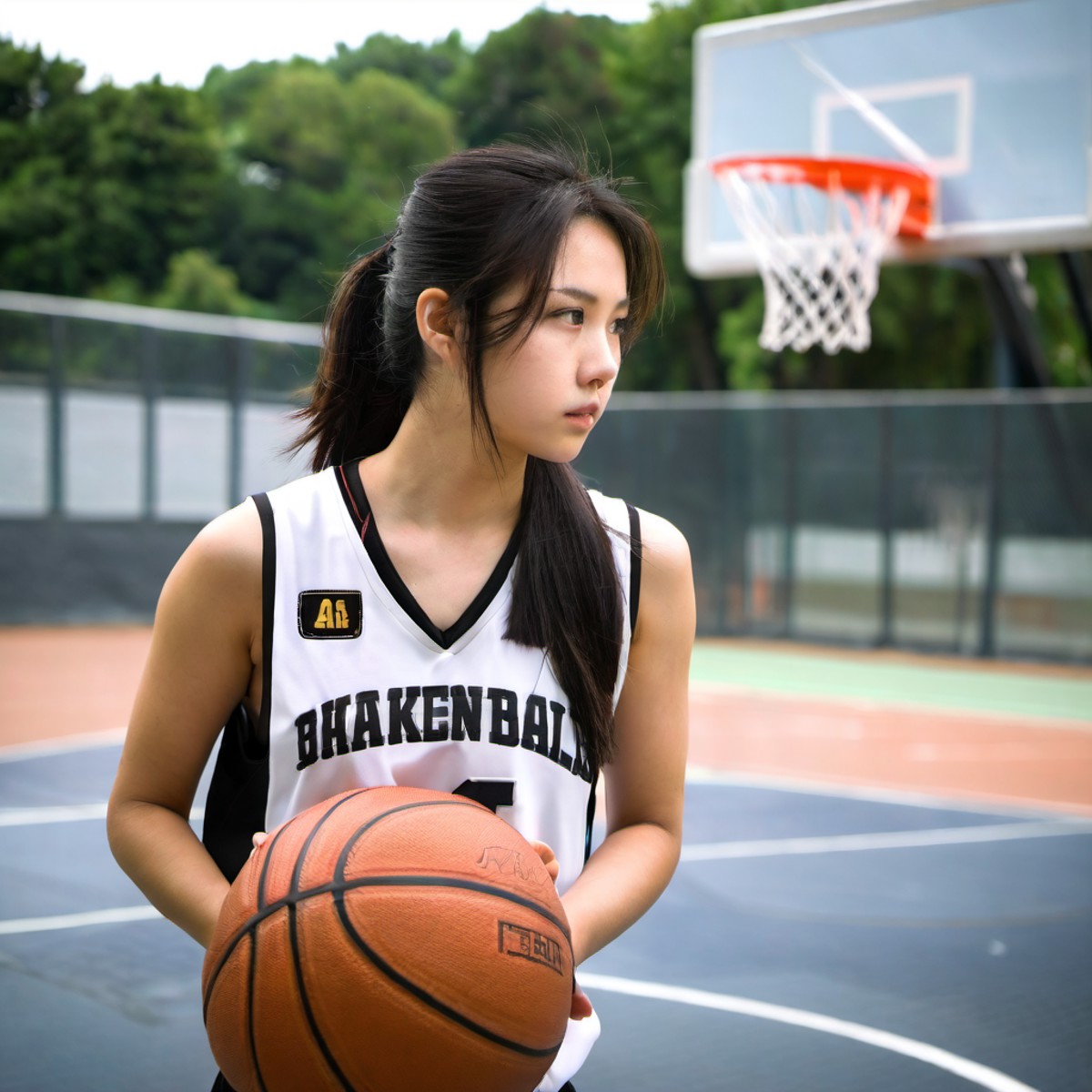 1girl,solo,asian,

20 years old,young,teenager,no makeup,upper body,

contempt expressions,candid moment,

playing basketb...