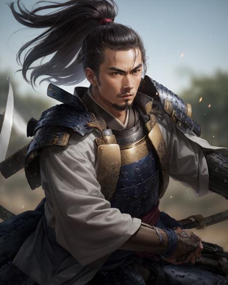 best quality,masterpiece,highly detailed,ultra-detailed, katanaV2
<lora:neg4all_bdsqlsz_V3.5:-1> 
Describing a warrior wearing lightweight armor with wind motifs, emphasizing speed and agility. The clothing consists of shades of gray and navy blue, portraying a calm yet refined image. The hairstyle is simple and practical, suitable for the practical needs of a samurai in combat.
  <lora:nobunagakatana:1> katanaV2