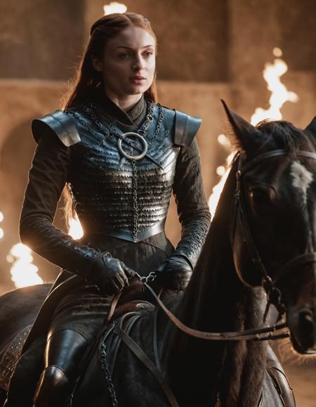 high resolution photo of sns woman, her hair is red and long,she is wearing black armor,she is riding a horse,(full body shot),volumetric lighting and bokeh,the background is super detailed,the shot is cinematic,masterpiece,highly detailed skin