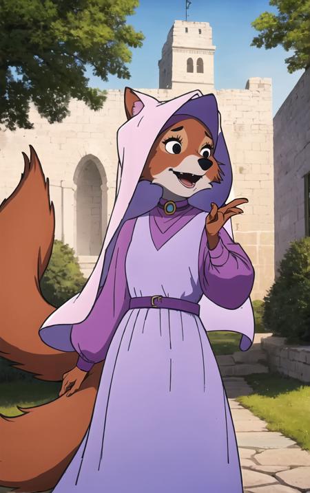 CARTOON_MaidMarian_ownwaifu,
1girl, furry, furry female, animal ears, black eyes, body fur, snout, two-tone fur, orange fur, animal nose, fangs,  tail,
dress, long sleeves, purple dress, veil, choker, jewelry, brooch, hood up, long dress, belt, gem, puffy sleeves,
<lora:CARTOON_MaidMarian_ownwaifu:0.9>
((masterpiece)),((best quality)),(highres, absurdres), original, official_art, looking at viewer, solo, focused, outdoors, day, cowboy shot,