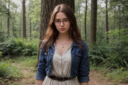 35mm film, one pretty european girl, solo, supermodel, long light brown hair, long wavy hair, pale skin, perfect face, small nose, blue eyes, lips, big tits, nice breasts, necklace, black frame glasses, short blue lace dress with a belt, white heeled shoes, looking at viewer, looking directly at viewer, a breathtaking forest view, offering panoramic views of majestic and sweeping trees, nature light, early spring season, full body view of girl, epiCPhoto, <lora:pytorch_lora_weights:0.5>, <lora:picxer_real:0.7>, <lora:FilmVelvia3:0.3>, <lora:more_details:0.6>